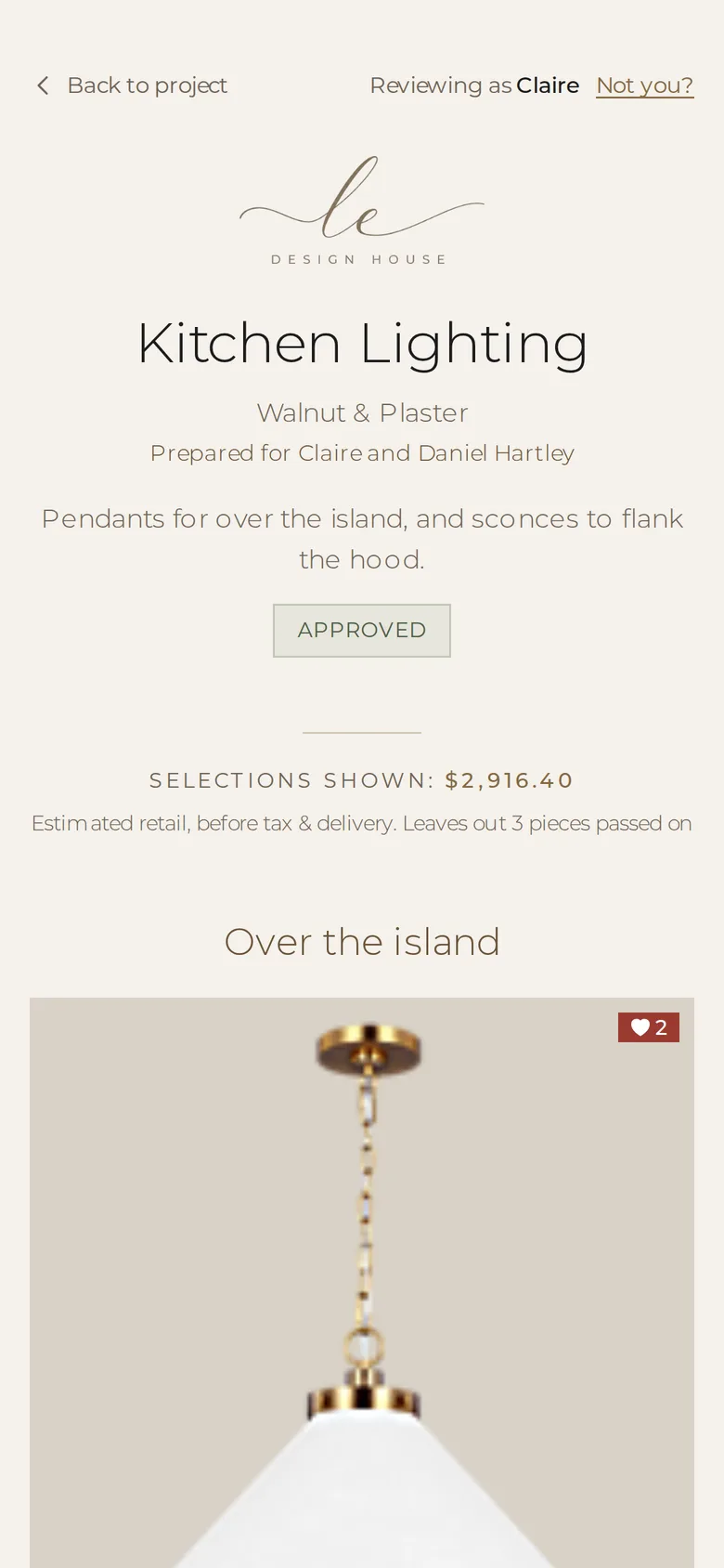 A kitchen lighting board in the client portal