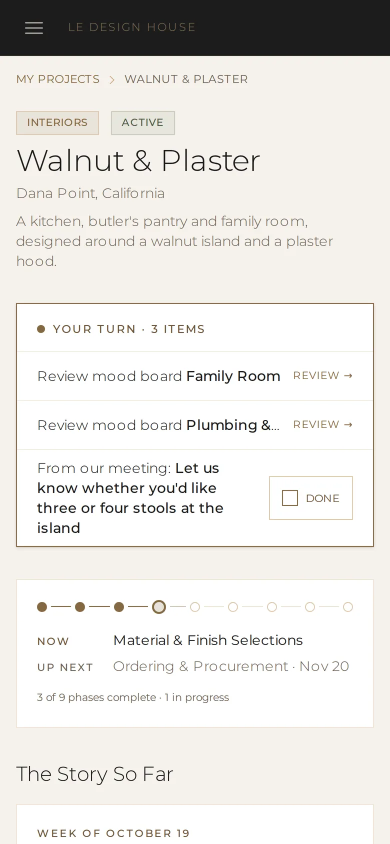 A client project page with the next steps and the project timeline