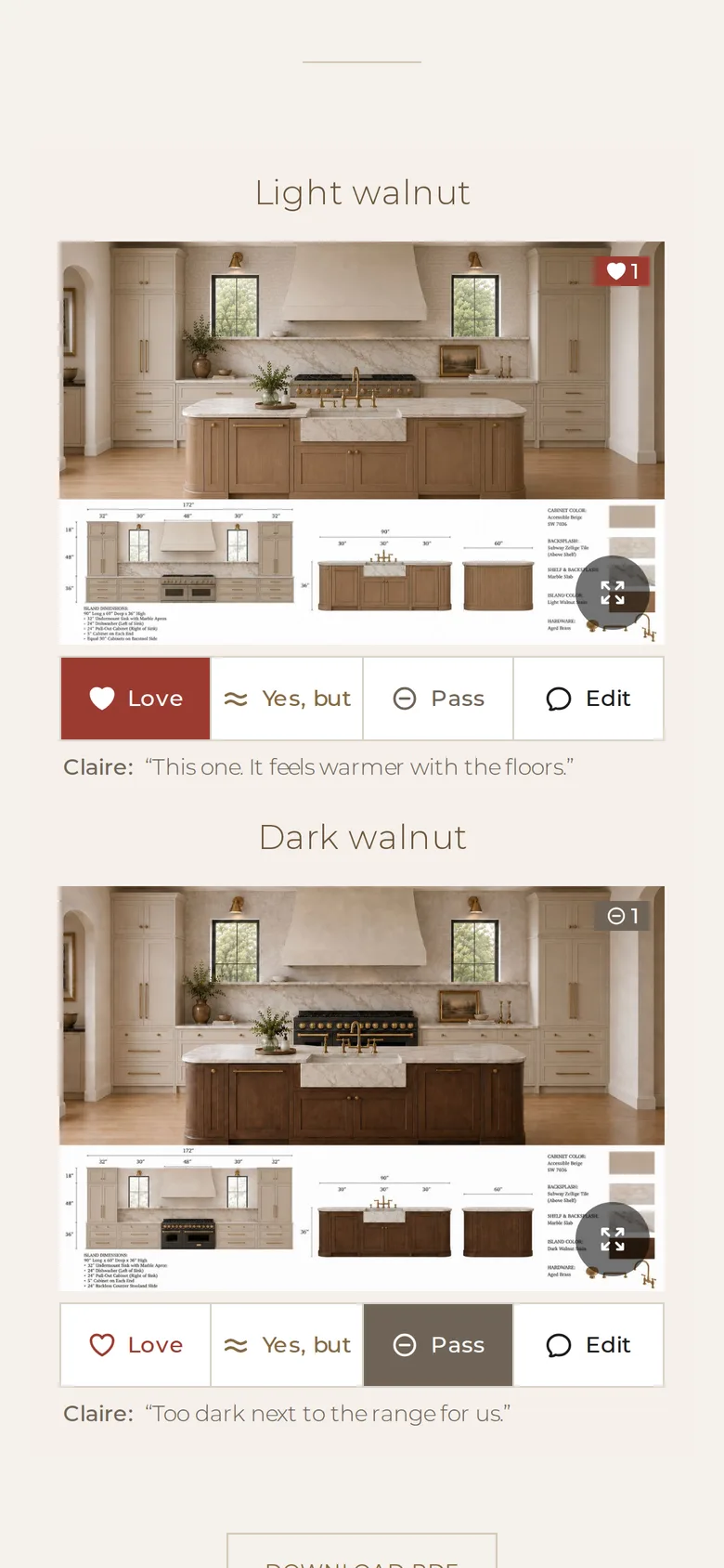 Two island finishes shown side by side